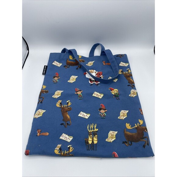 Out Of Print Handbags - Out Of Print Blue Christmas Tote Bag, Santa With Elves And Reindeer 16.5”x 15”